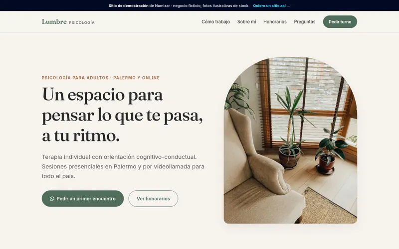 Captura del sitio de demostración de un consultorio de psicología